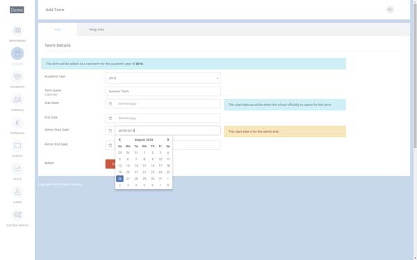 Screen shot of Setup Terms - selecting your Start Admin Date